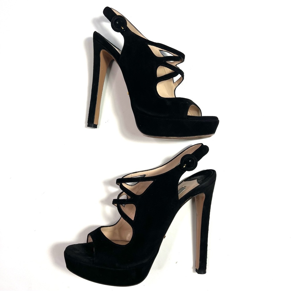 Prada Black Suede Platform Slingback Sandals Size 37.5 - Picture 10 of 12